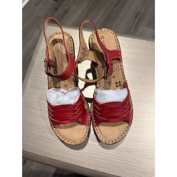Naturalizer Martha Sandals Red Leather Wedge Heels Shoes Clogs Buckles Sz 5M - Picture 1 of 9